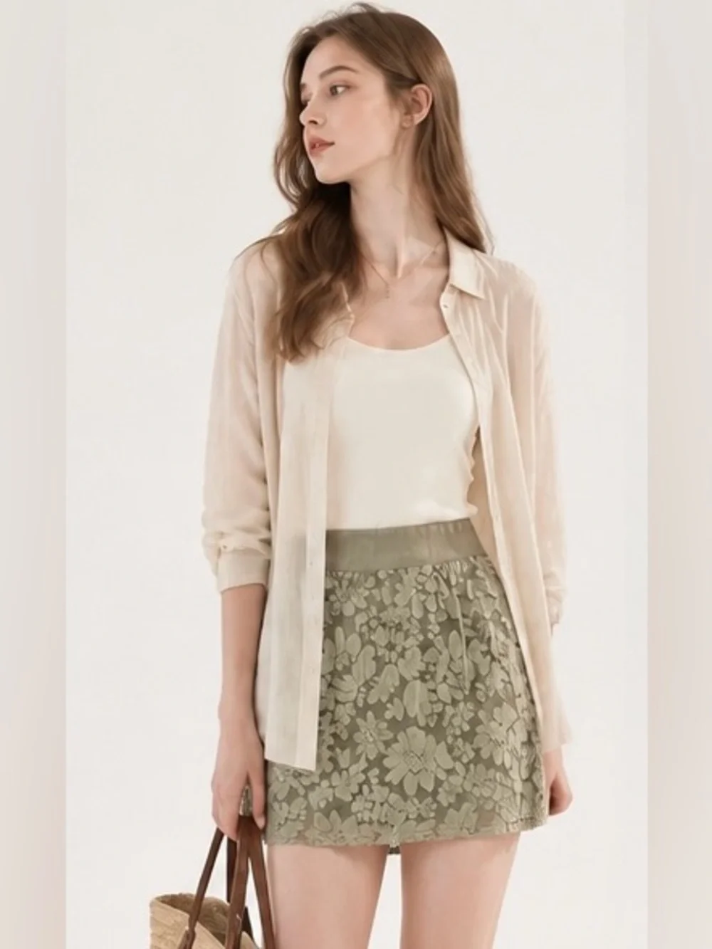 J CREW Mini Skirt Lace Overlay Sage Green Scalloped